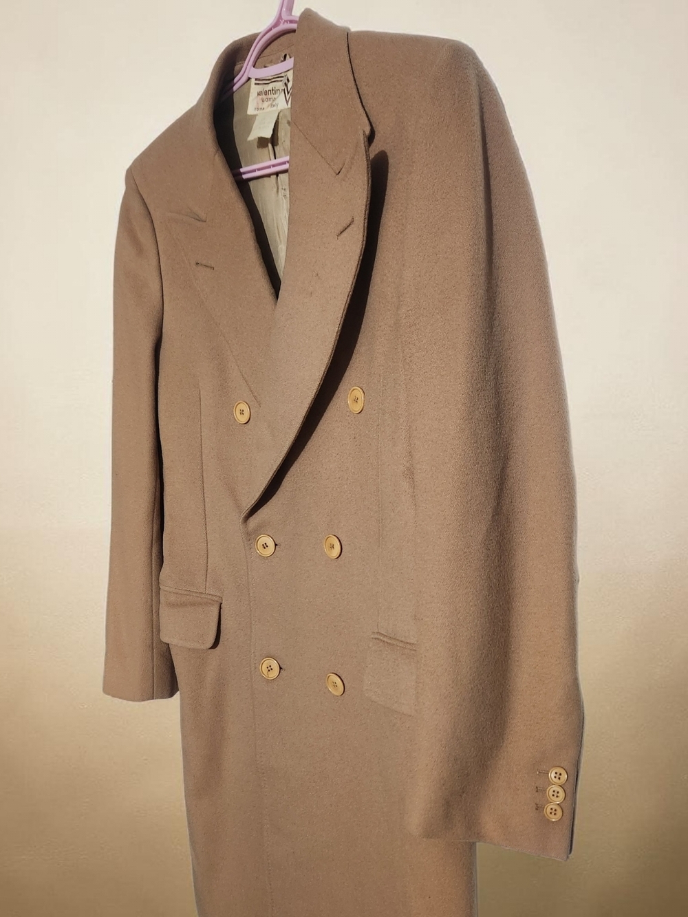 Luxury Vintage Valentino Uomo Camel Coat 100% Wool Double Breasted Italy M/L - Picture 4 of 8